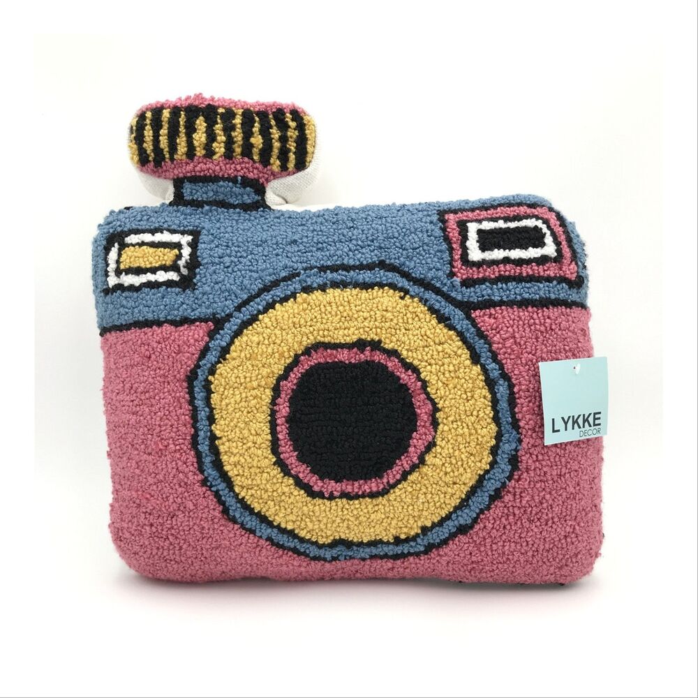 Camera Shaped Punch Needle Decorative Throw Pillow 14x15 Textured Colorful NWT
